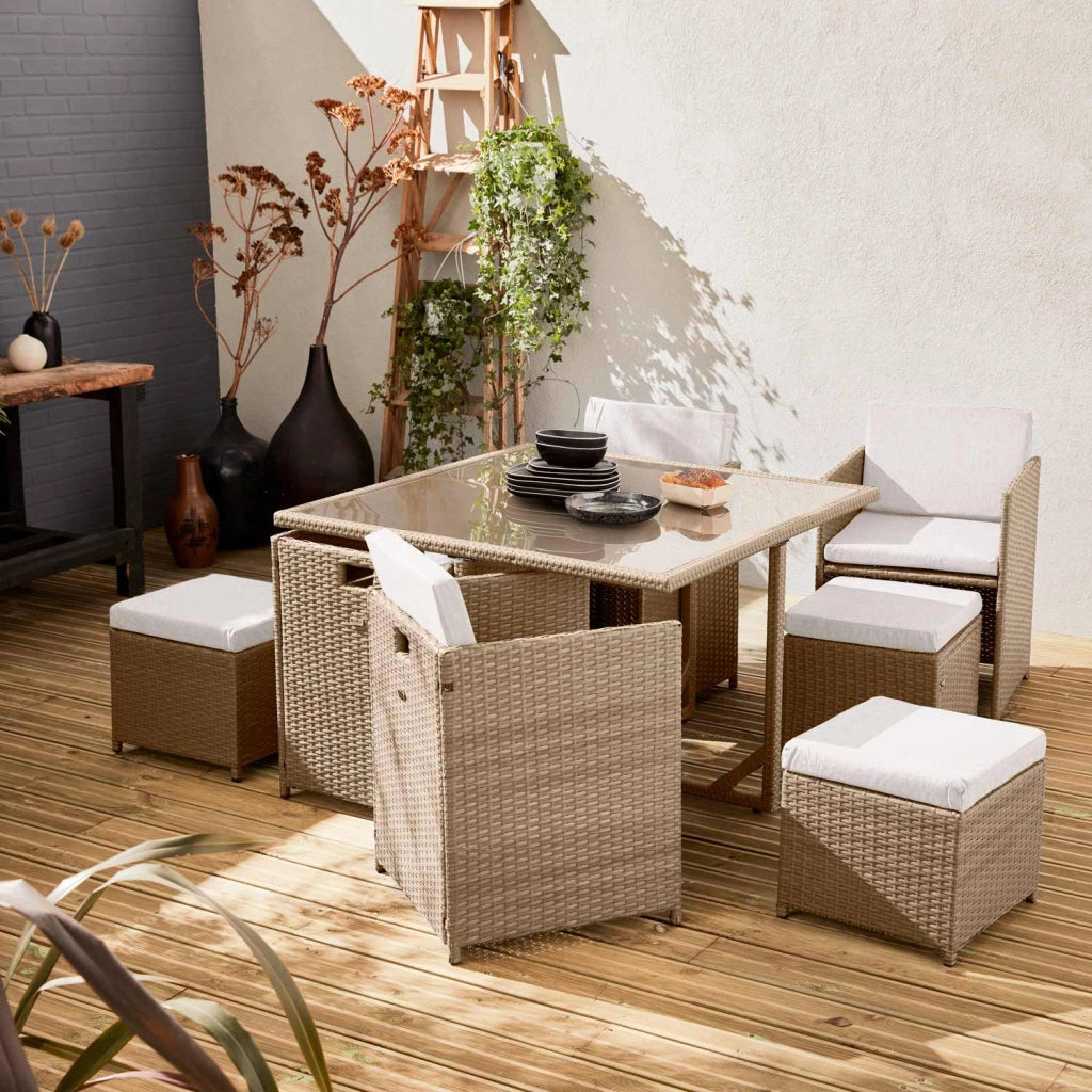 Set tavolo da giardino in resina intrecciata con 4-8 posti, beige
