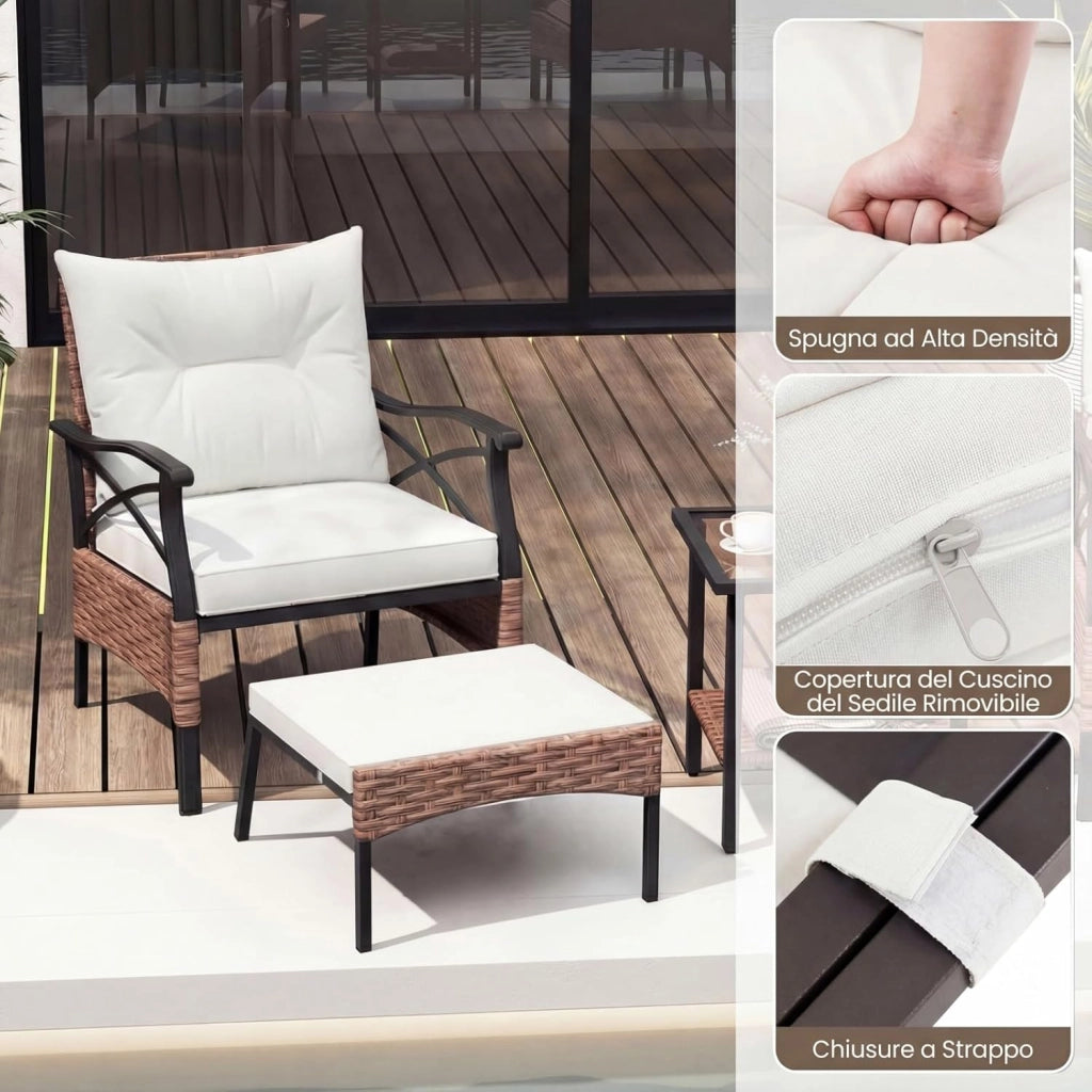 Set di 5 Mobili da Giardino in Rattan, Set Mobili da Esterno con Sedie Poggiapiedi Cuscini e Tavolino in Vetro Temperato a 2 Livelli, Set Conversazione per Portico e Balcone (Beige)