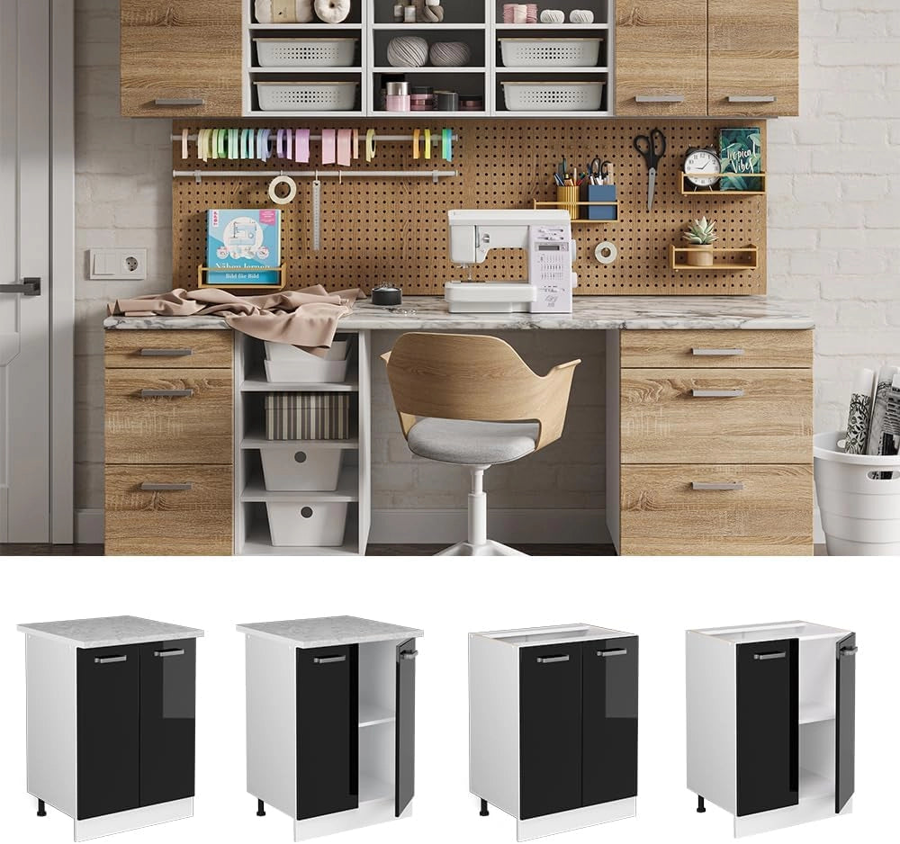 Base universale R-Line, Nero lucido, 60 cm con ante, senza piano di lavoro, per la conservazione di utensili domestici e prodotti per la pulizia