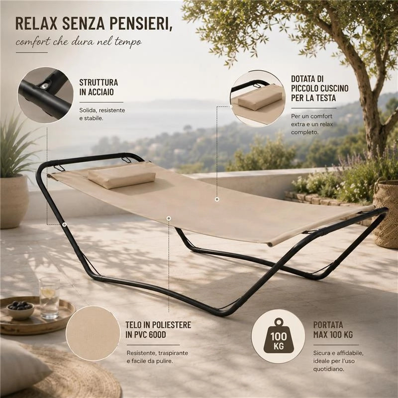 AMACA DA GIARDINO CON SUPPORTO IN ACCIAIO E PVC 210X80X65H CM COLORE BEIGE