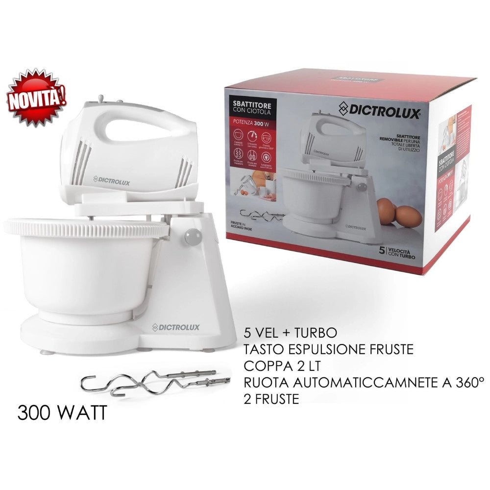 Trade Shop - Sbattitore 2 Fruste Con Ciotola Rotante Ganci Impastatrice 300w 5 Velocità+turbo -