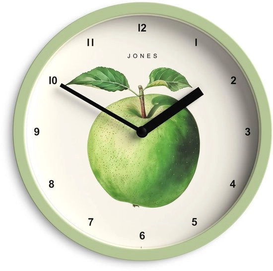Orologio da muro con frutta | Piccolo orologio rotondo | 20 cm | Verde | Arte decorativa con rappresentazione di un'opera d'arte botanica di un mele | Ideale per cucina e sala da pranzo.
