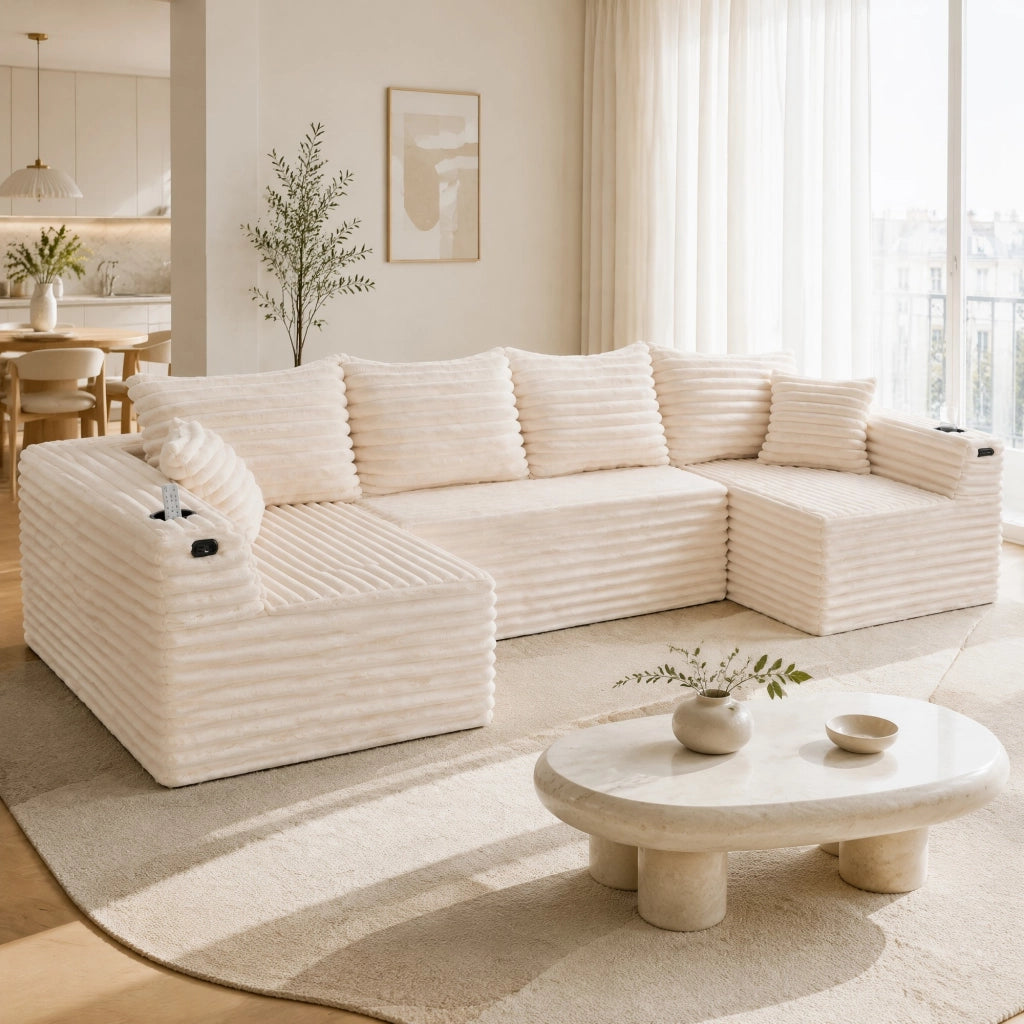 Divano modulare a U in corduroy beige con porta bicchieri, tasche laterali e imbottitura con molle, 320×155×88 cm