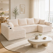 Divano modulare a U in corduroy beige con porta bicchieri, tasche laterali e imbottitura con molle, 320×155×88 cm