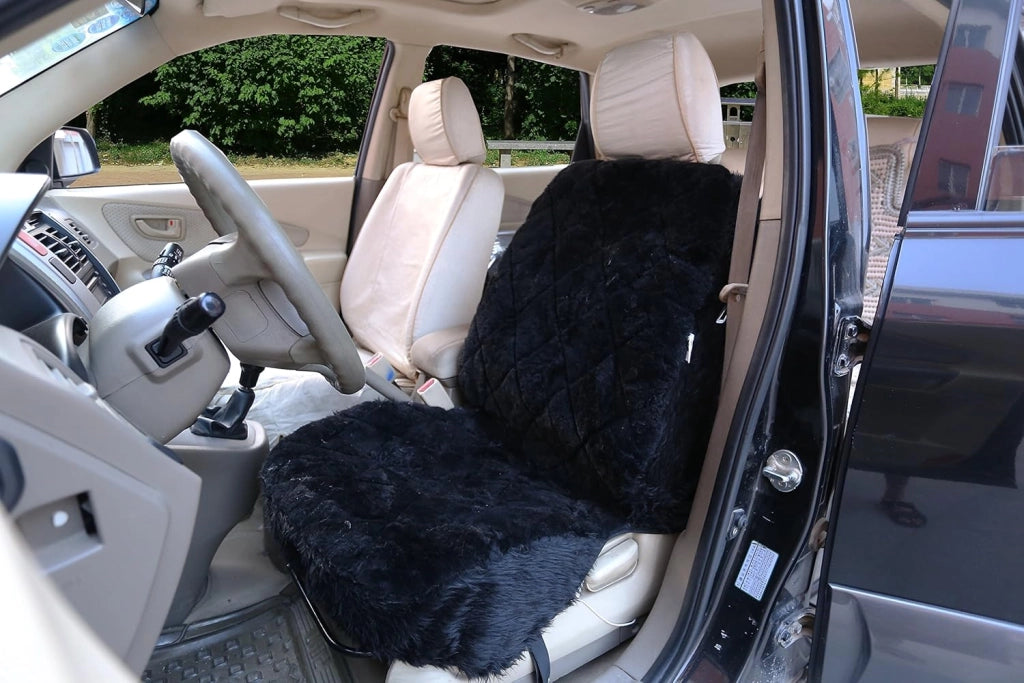 Coprisedili Anteriori per Auto Macchina Universali Seat Cover Protezioni Sedili della Macchina in Pelliccia di Agnello Nero 2 Pezzi