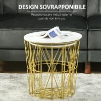 Set 2 Tavolini da Salotto Moderni Impilabili con Ripiano Rimovibile, Tavolino da Caffè con Contenitore per Soggiorno e Camera, Bianco Oro
