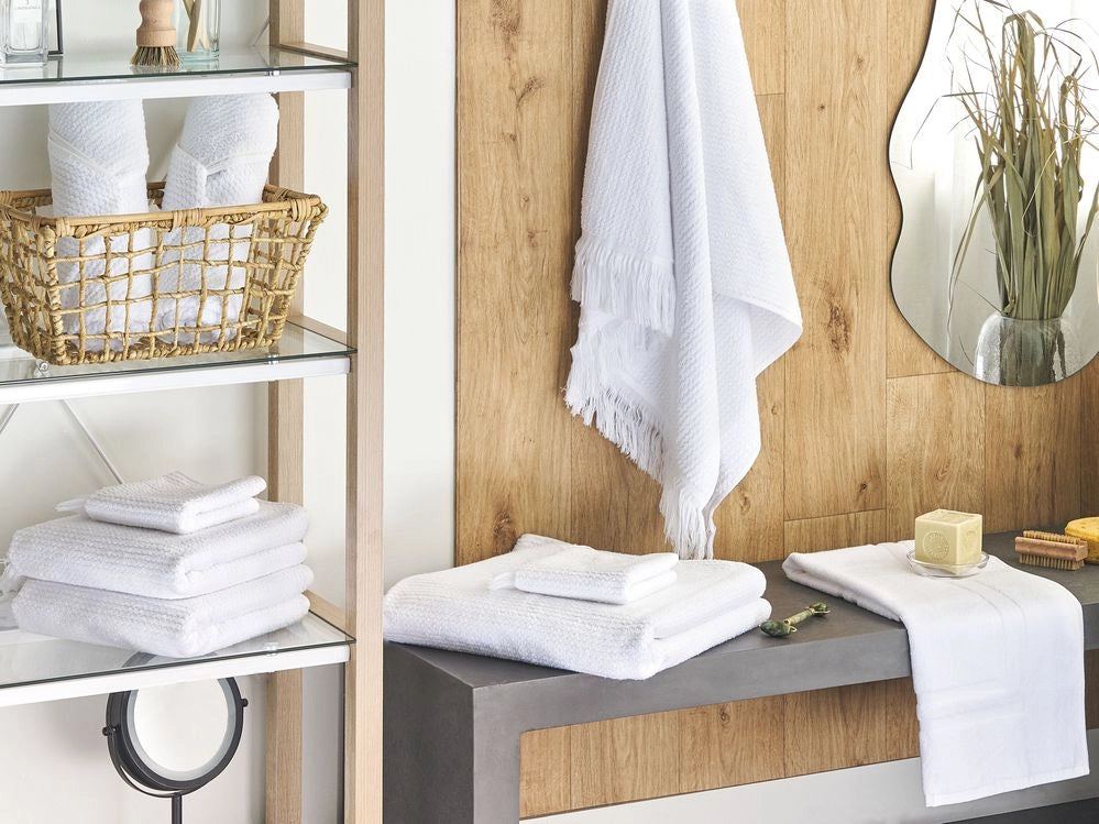 Set di 9 asciugamani bagno in spugna di cotone bianco con nappe decorative