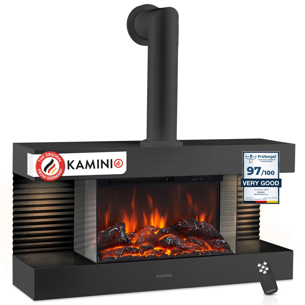 KAMINIO Camino elettrico LIZ con tubo del camino - Camino da parete con riscaldamento, fiamma 3D, luce ambiente a LED, telecomando - Nero