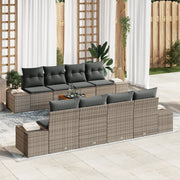 Set di divani da giardino da 9 pezzi con cuscini grigi in polirattan e acacia