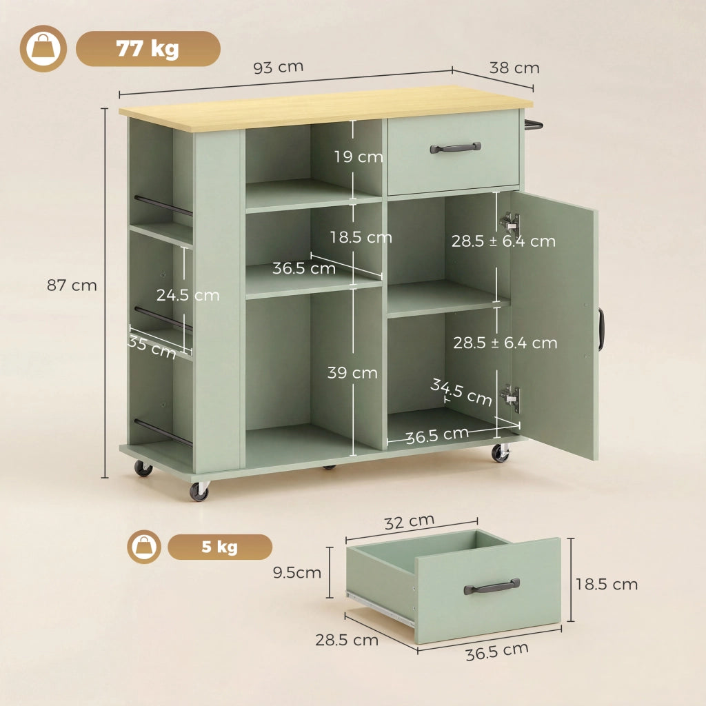 Mobile Cucina con Cassetto, Armadietto e Ripiano Regolabile, Verde Chiaro