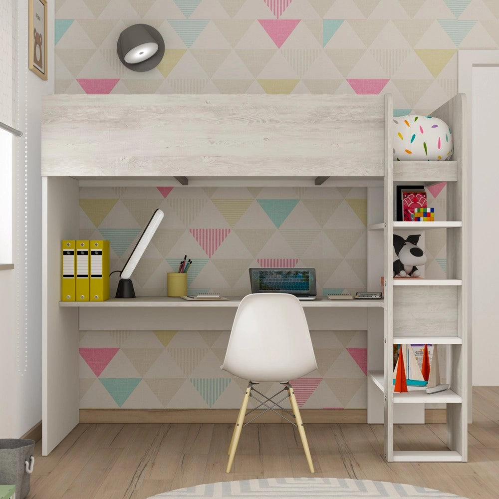 Letto a soppalco bianco consumato e bianco con scrivania 2278