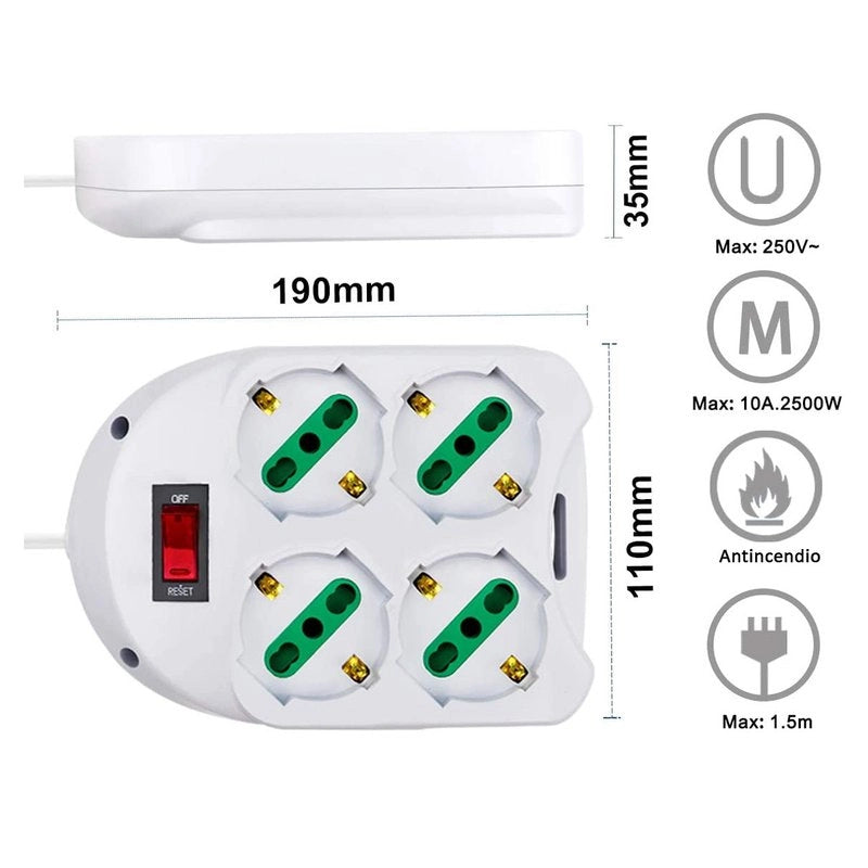 Multipresa Ciabatta Elettrica Con 4 Prese Schuko 10/16A Interruttore Spina 10A Laterale Cavo 1,5M Bianco