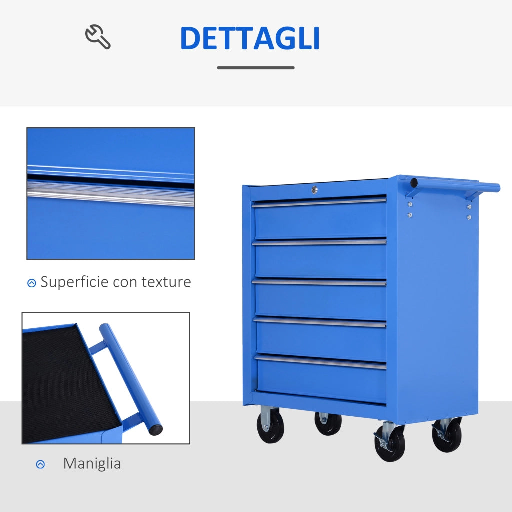 Carrello da Officina a 5 Cassetti con Ruote in Metallo Blu, 67.5x 33 x 77cm