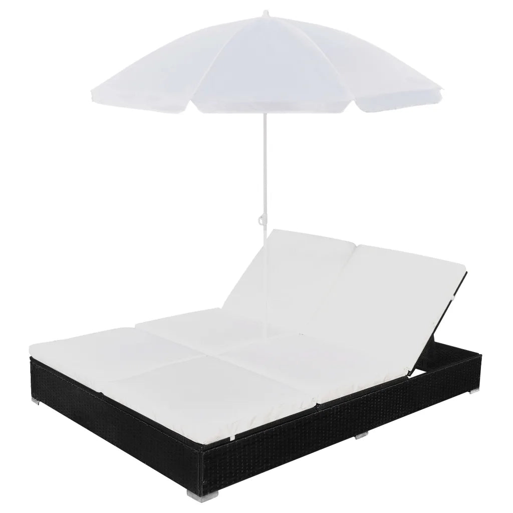 Lettino Prendisole | Sdraio da giardino | Lettino da sole con Ombrellone in Polyrattan Nero