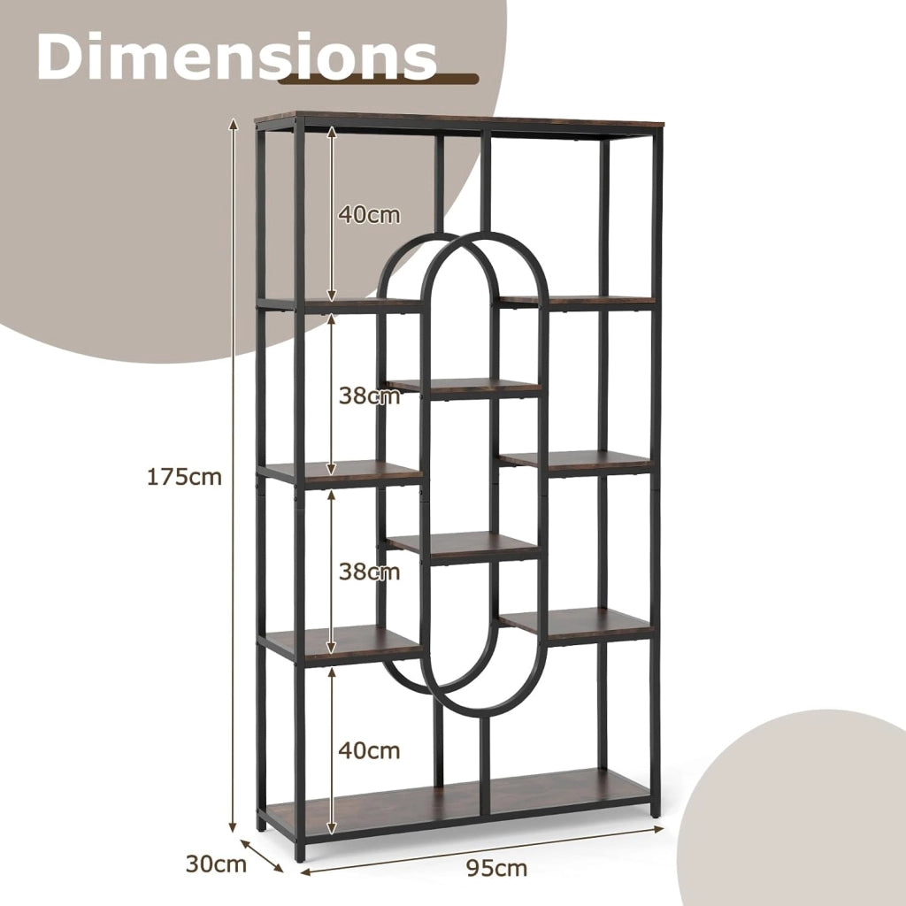 Libreria geometrica per carichi pesanti con telaio in metallo e protezione antiribaltamento, scaffale divisorio per libri, riviste e piante, 95 x 30 x 175 cm (marrone + nero)