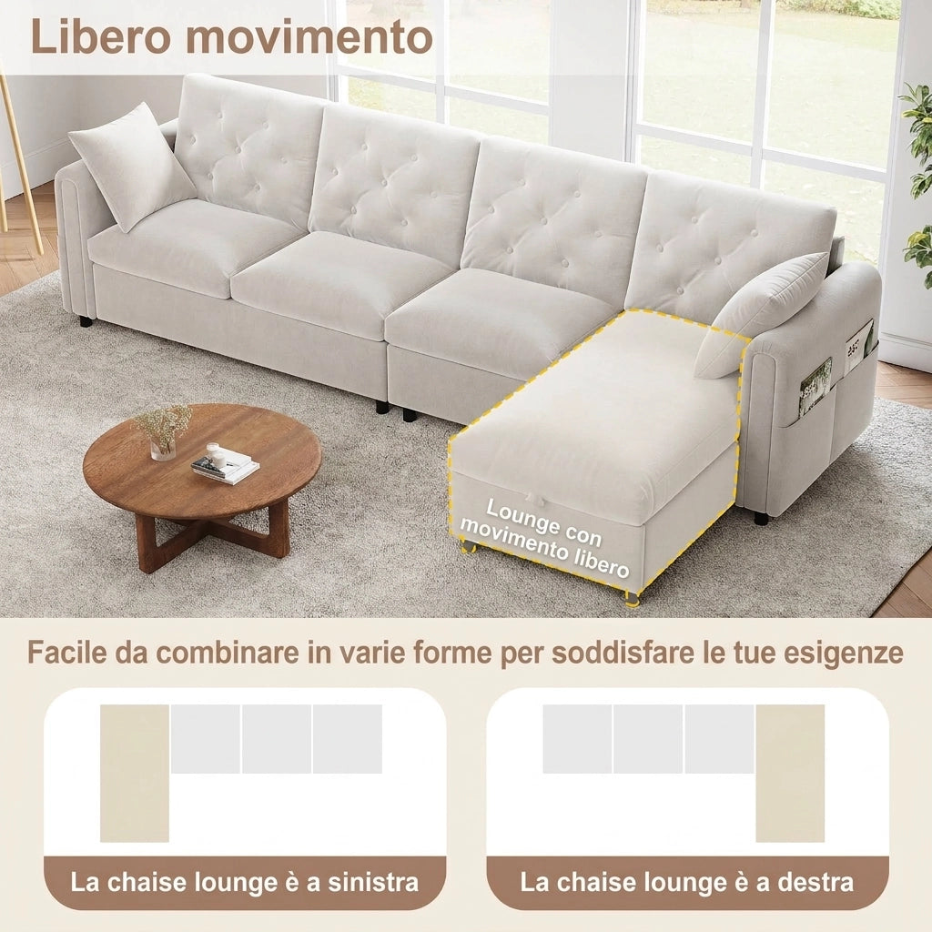 Divano angolare beige a L reversibile 281 cm con contenitore; 4 posti; poliestere e flanella