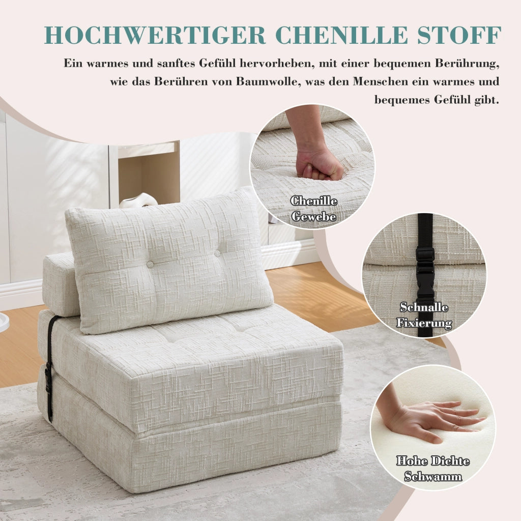 Divano letto pieghevole con schienale, cuscini per testa e zona lombare, in Ciniglia Beige