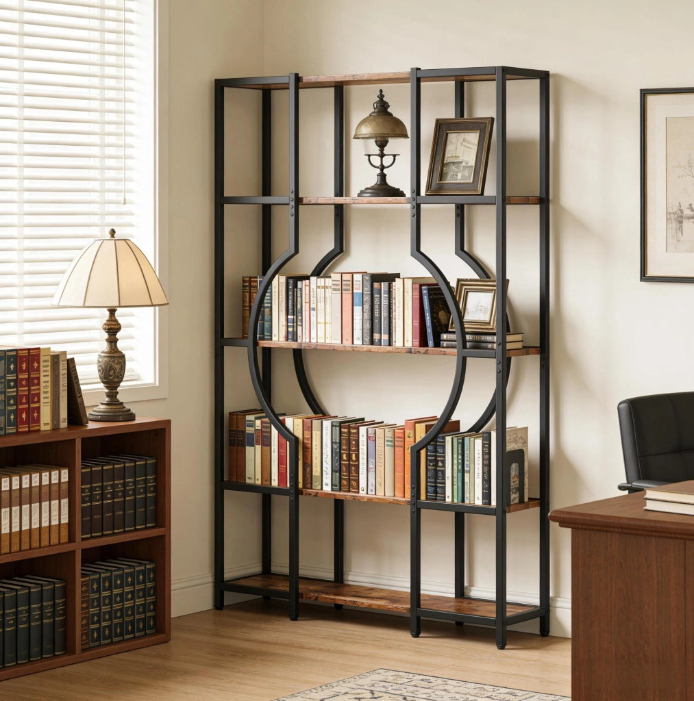 Libreria ULEVR a 5 ripiani in MDF effetto legno e metallo, nero e marrone rustico