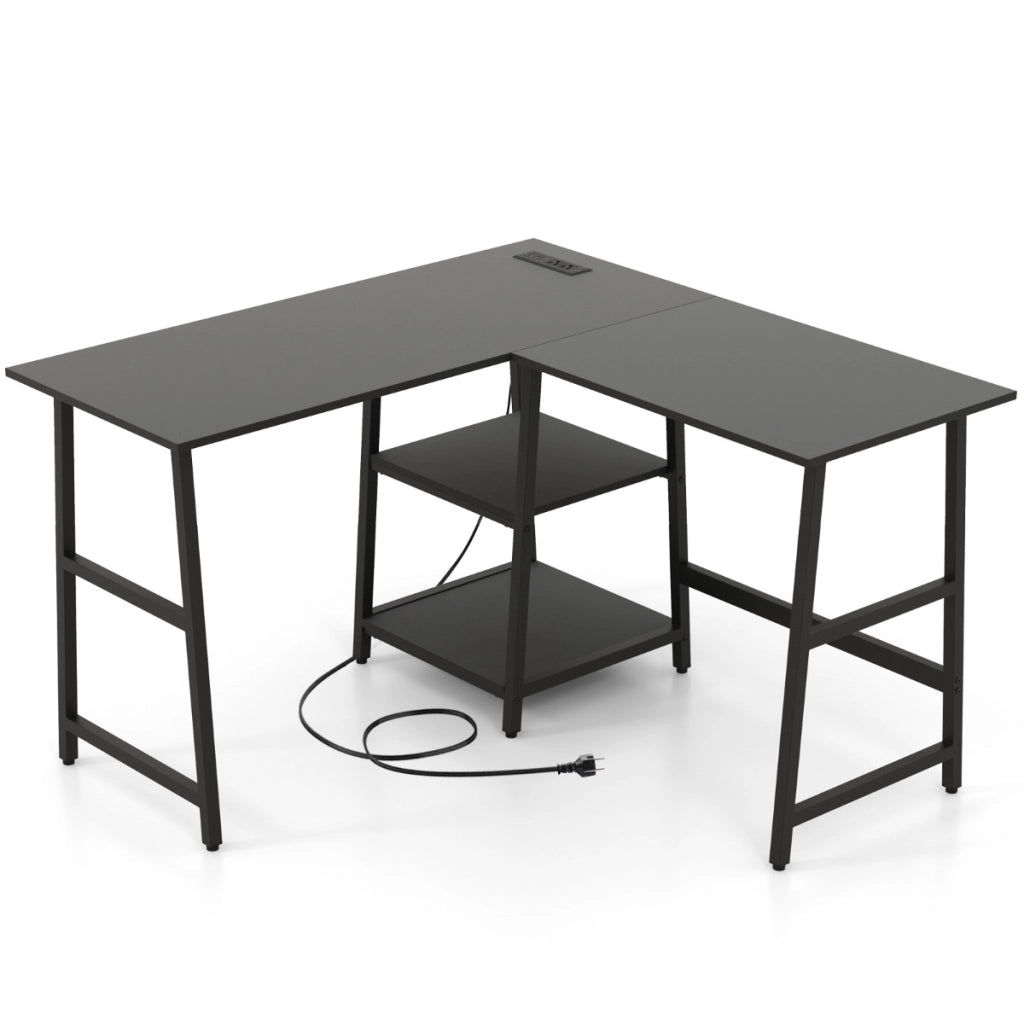 Scrivania angolare da 120cm con prese di corrente e porte USB ripiani per lavoro-Scrivania a L per ufficio Nero