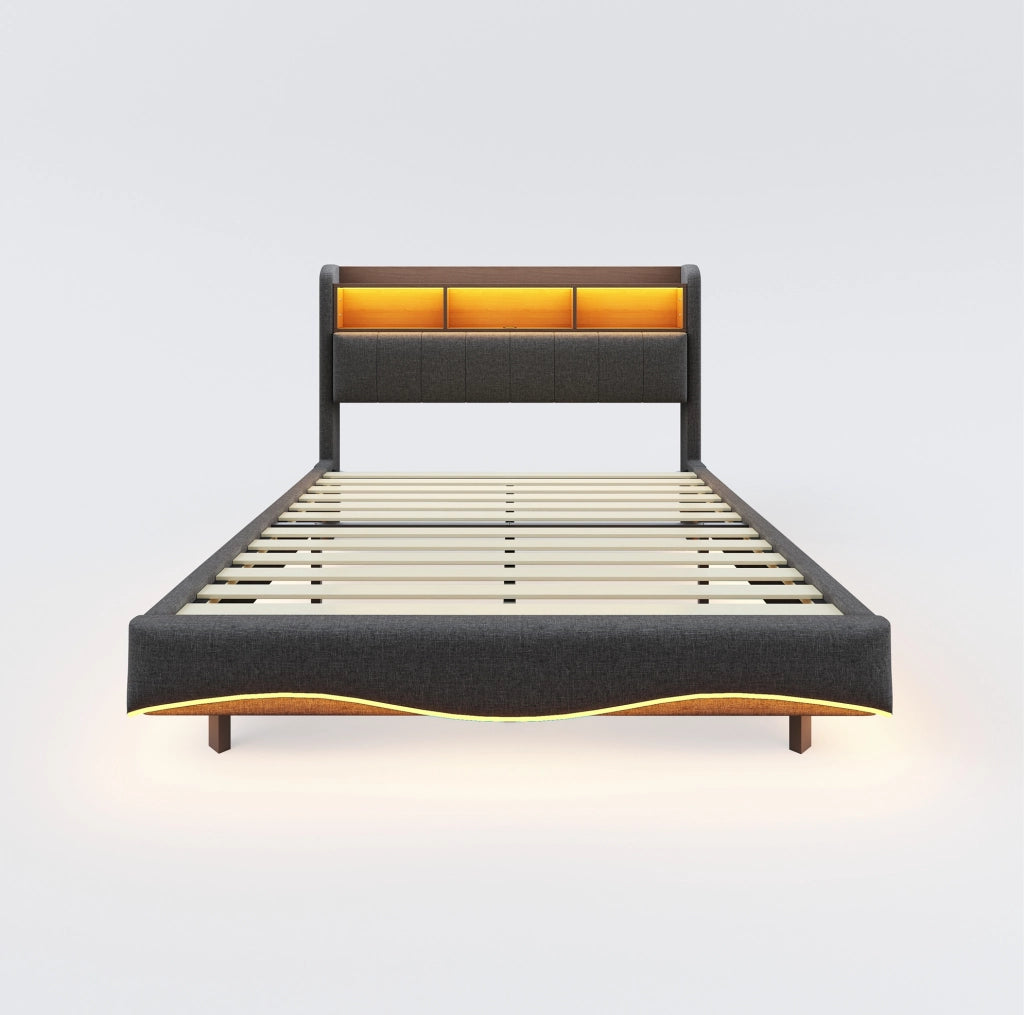 Letto imbottito sospeso 160x200 cm con LED; porte USB e Type-C; grigio