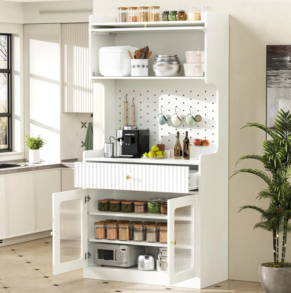 Credenza 80x40x180 cm con LED; ripiani regolabili e anta ribaltabile in MDF e truciolare bianco