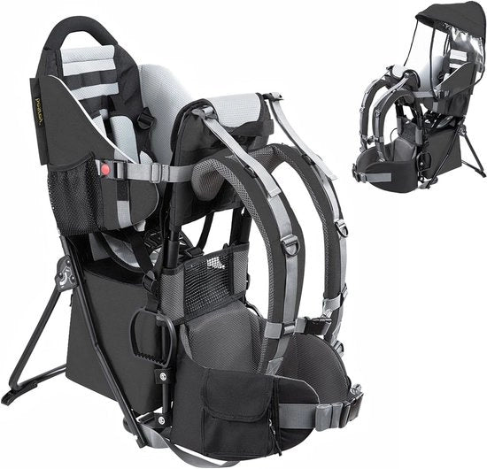 Porta-bambino con tasca di stivaggio - Sedile per bambini trasportabile per viaggi - Porta-bambini per passeggiate - 6-36 mesi - Fino a 18 kg - Ripiegabile (nero)