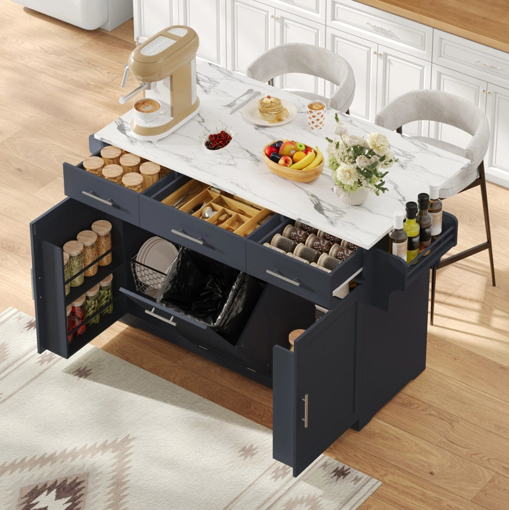 Isola cucina mobile grigia con piano pieghevole, prese e cassetti