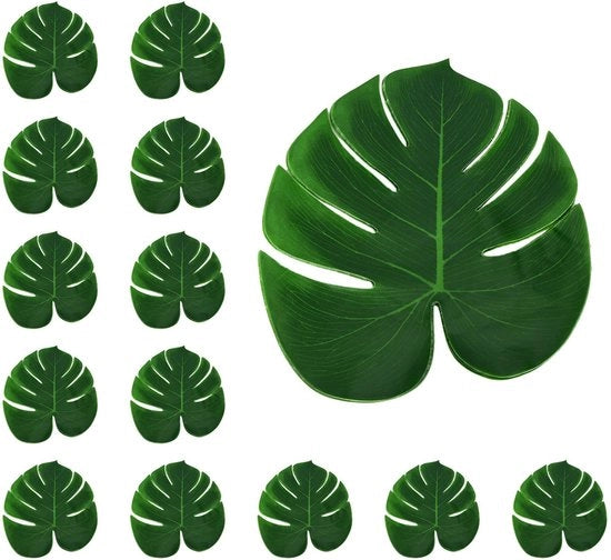 Decorazione per Interni - Sostegno per Foglie - Foglie Monstera - Foglie Finte - Foglie Tropicali - Decorazione per Casa/Party - 12 Pezzi - Materiale Plastico - Foglie per Tavolo