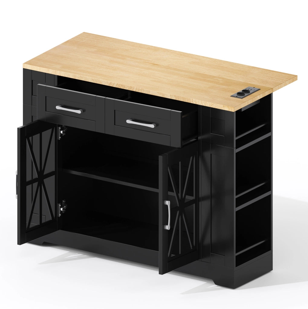 Isola cucina mobile 120x40(65)x92 cm con piano ribaltabile; prese AC e USB in MDF nero e naturale