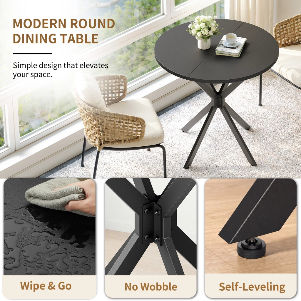 Tavolo da pranzo rotondo con gambe a X in ferro, piano nero, per cucina e home office, diametro 80 cm