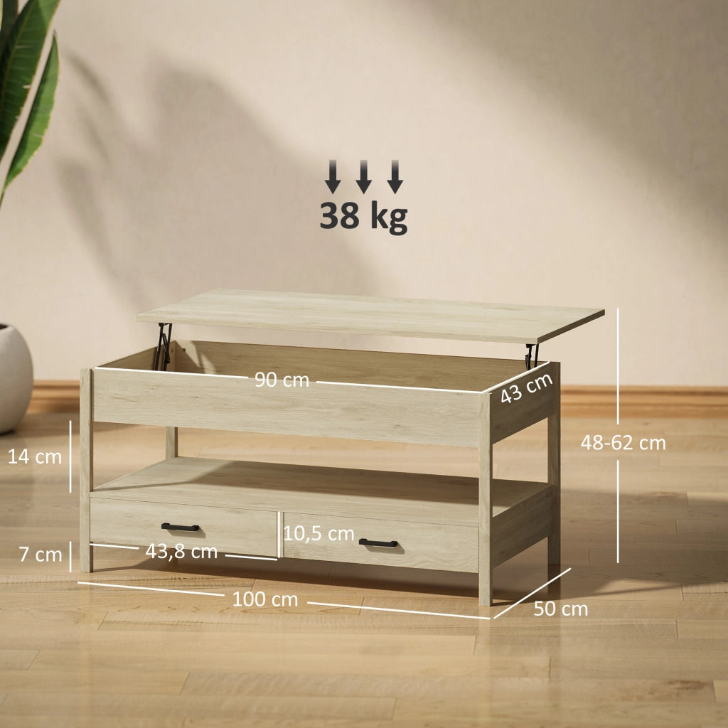 Tavolino da caff¨¨ elevabile con cassetti e ripiano ¨C Xylo ¨C Rovere 100x50x48-62 cm