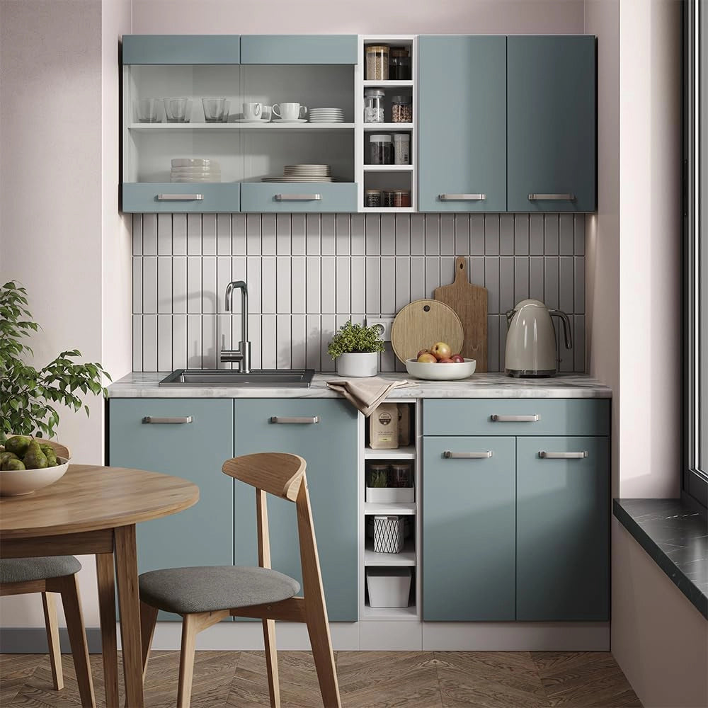 Cucina completa R-Line, Blu-grigio/bianco, 160 cm, PL Antracite, con disposizione flessibile dei moduli ed espandibile