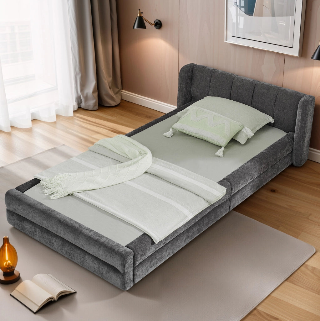 Letto singolo 90x200 cm in tessuto Chenille; testiera ergonomica; grigio scuro