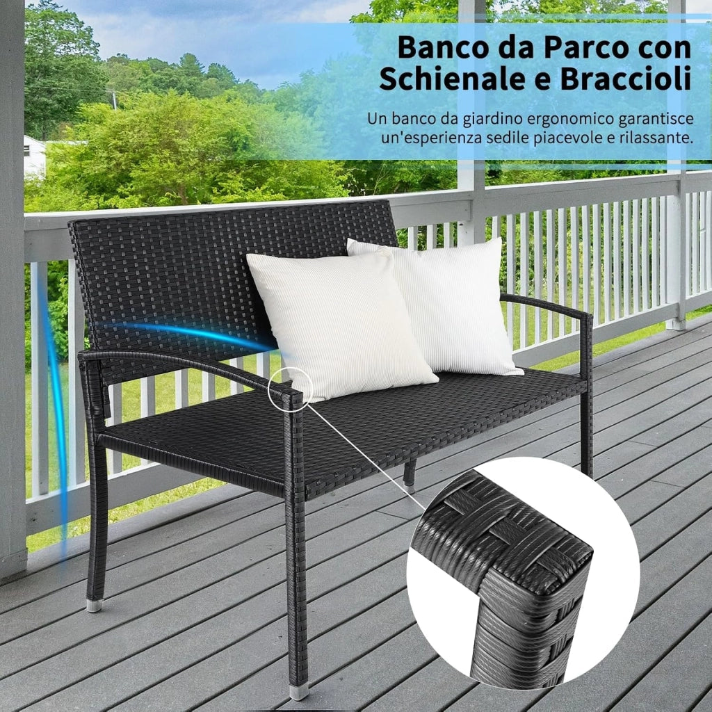 Panca da Giardino in Rattan, Resistente Alle Intemperie, Panca da Balcone a 2 Posti, 122x60x85 cm, Rattan Monofacciale, Sedia da Giardino per Esterno, Terrazze e Balcone, Nero