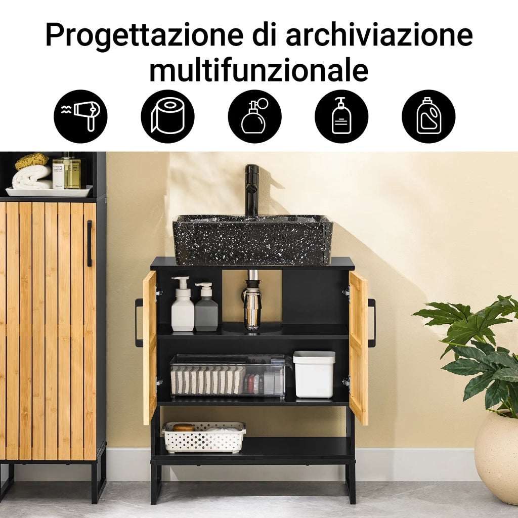 SoBuy Mobile Sottolavabo Bagno 60 cm Mobiletto Salvaspazio con Ante in Bambù e Piedini in Metallo Armadietto Moderno Sotto Lavabo per Bagno Piccolo BZR202-SCH
