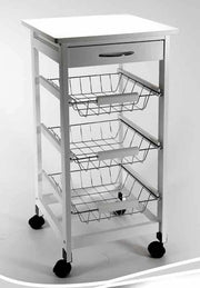 CARRELLO DA CUCINA 37X76 3 RIPIANI E CASSETTO CON RUOTE IN COLORE BIANCO