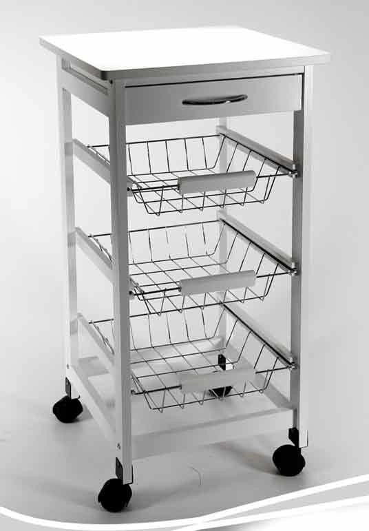 CARRELLO DA CUCINA 37X76 3 RIPIANI E CASSETTO CON RUOTE IN COLORE BIANCO