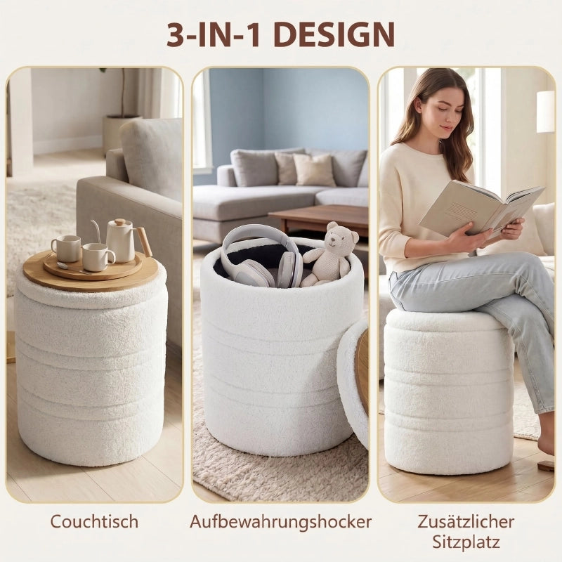 Pouf contenitore Sherpa con coperchio reversibile, sgabello rotondo per soggiorno e camera da letto, bianco