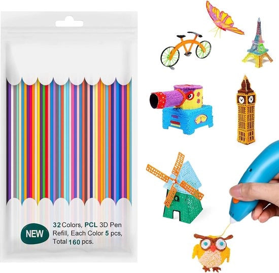 Filamento per Penna 3D 2,5mm - 160 pezzi - 32 colori - Navicella per Penna 3D - Filamento PCL - Temperatura di stampa bassa - Adatto per Penna 3D Start
