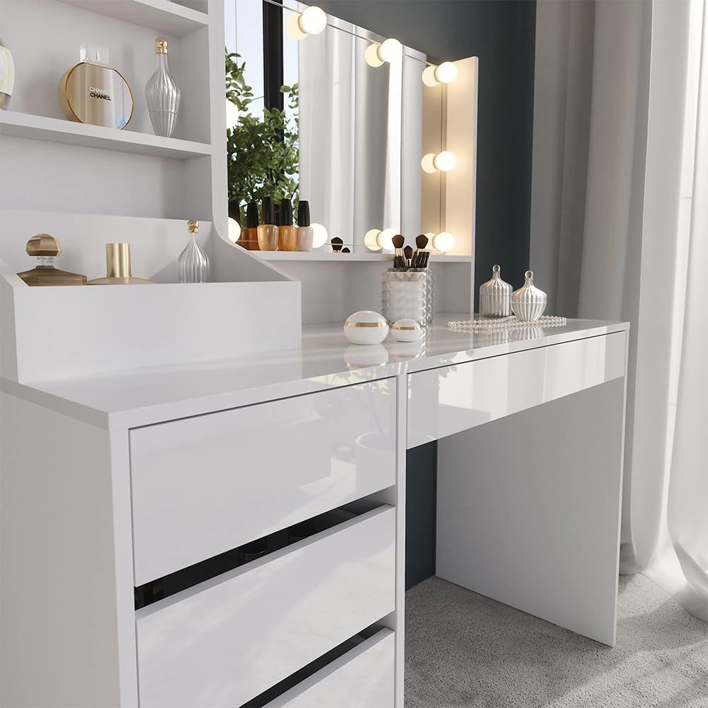 Tavolo da toeletta Sherry, Bianco/bianco lucido, 119.8 cm 4 parti