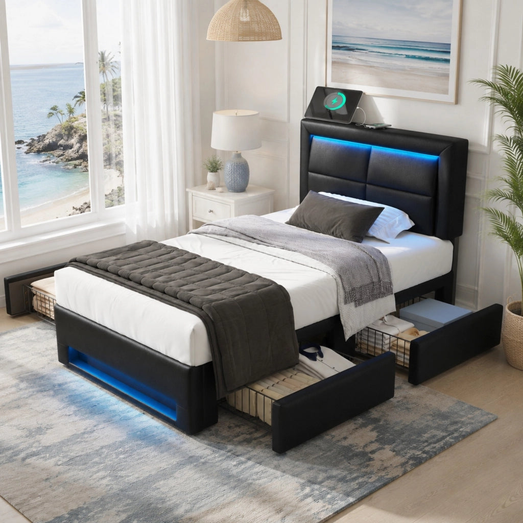 Letto imbottito 90x190 cm in PU nero con USB, LED e 4 cassetti