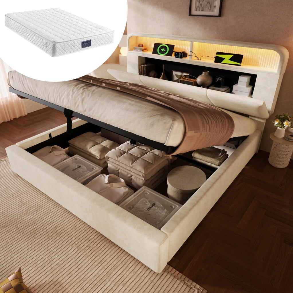 Letto matrimoniale 160x200 cm con contenitore; testiera regolabile; LED; USB e materasso; velluto beige