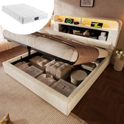 Letto matrimoniale 160x200 cm con contenitore; testiera regolabile; LED; USB e materasso; velluto beige