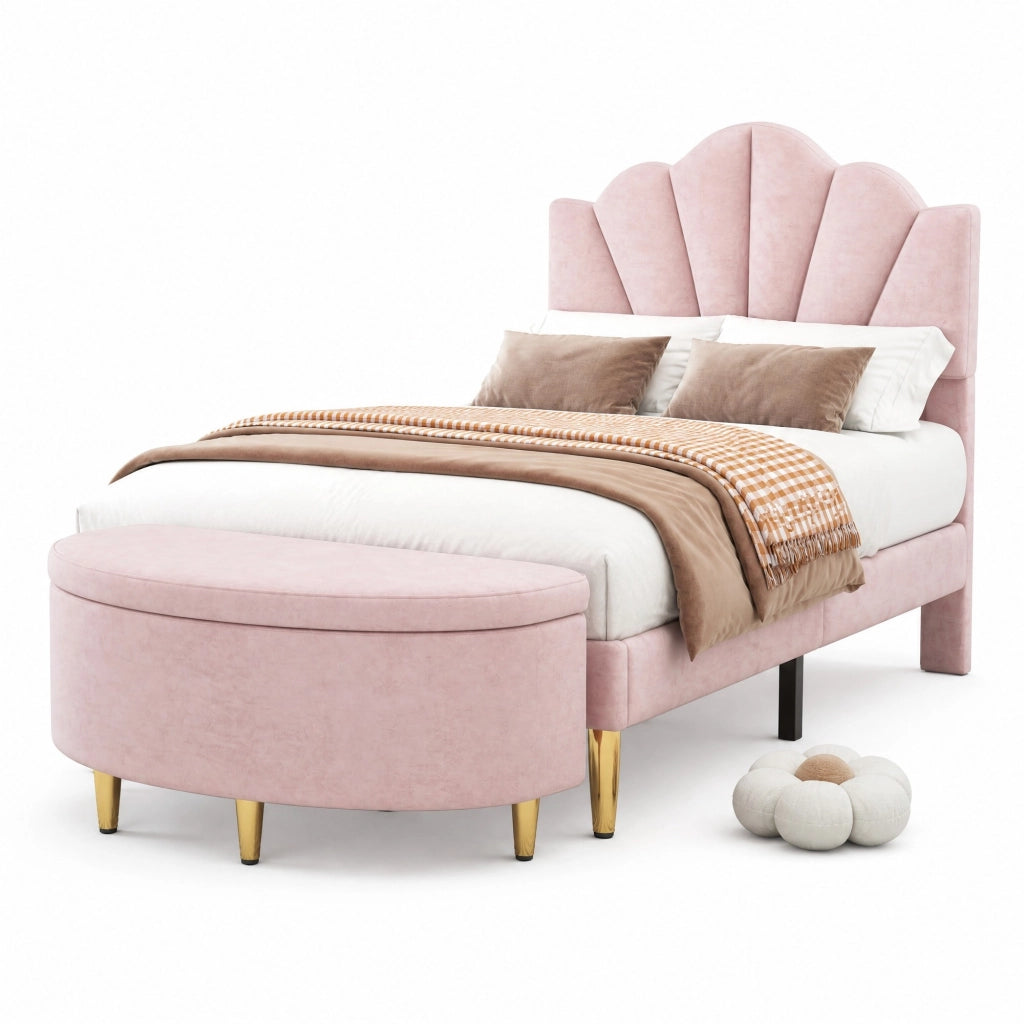 Letto imbottito in velluto rosa 90x200 cm con testiera regolabile, rete a doghe in legno e metallo, panca contenitore inclusa
