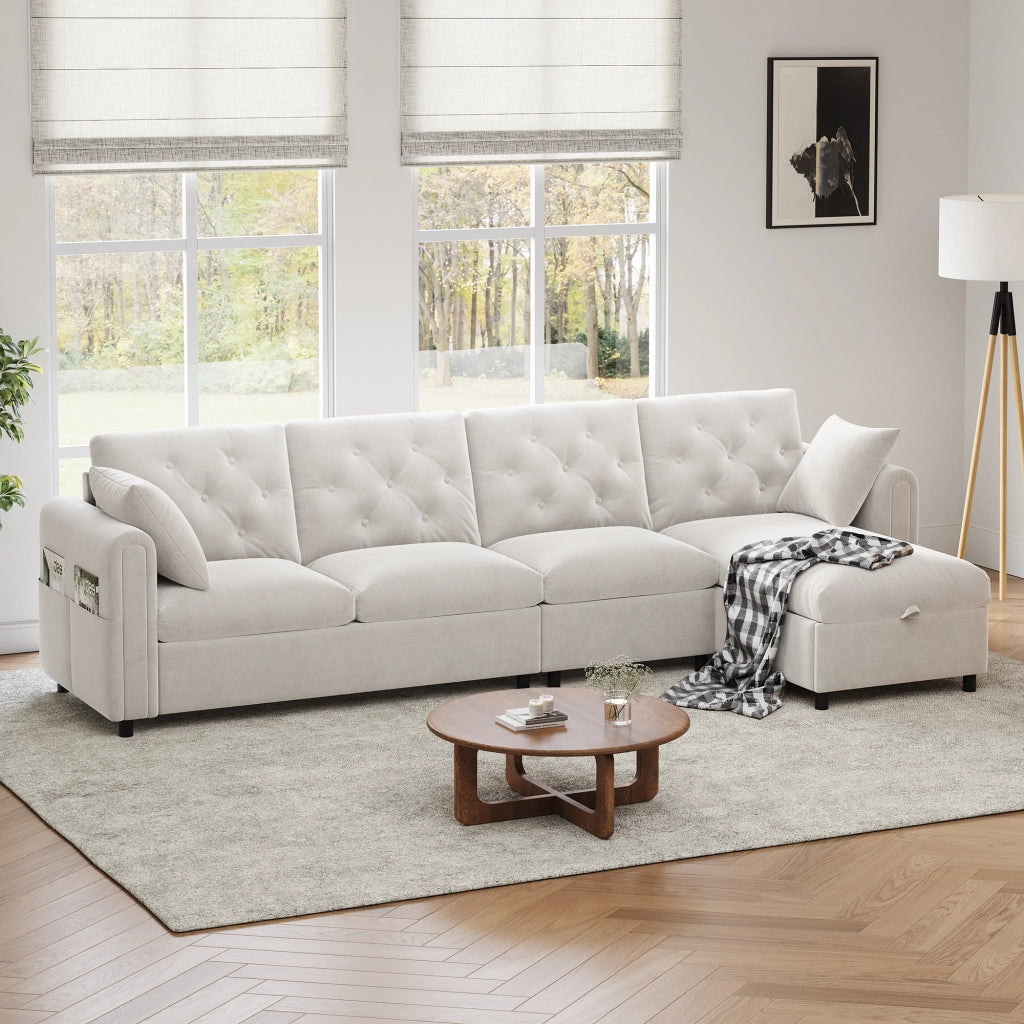 Divano angolare beige a L reversibile 281 cm con contenitore; 4 posti; poliestere e flanella