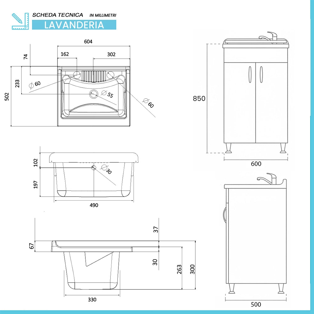 Set lavanderia con lavatoio colonna e pensile in legno bianco Fedra