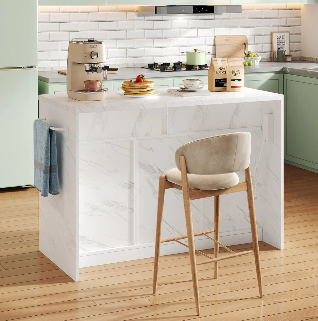 Isola cucina 120x60x91 cm con piano bar, prese e USB, 2 cassetti, 3 ante e ripiani regolabili