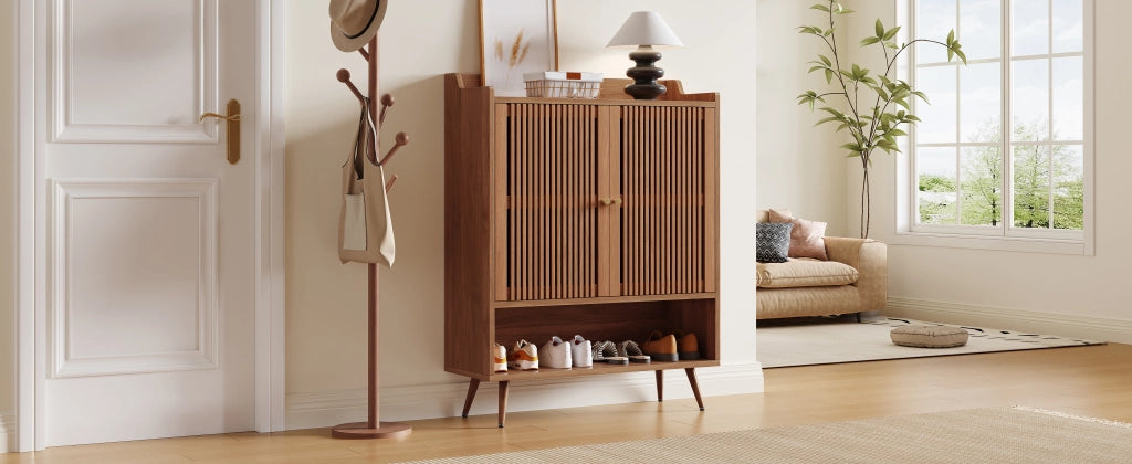 Scarpiera con 2 ante e vano aperto, ripiano fisso, per ingresso, in MDF e pino, noce, 80 × 35 × 105 cm