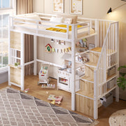 Letto a soppalco 90 × 200 cm con scala contenitore, vano aperto inferiore, barriera di sicurezza, senza materasso, bianco