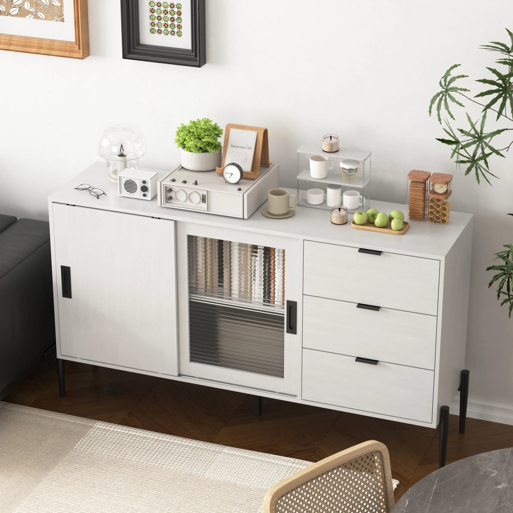 Credenza con 2 Ante in Vetro Cannel?? e 3 Cassetti; Stile Classico; in Pannello Truciolare; Bianco